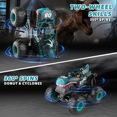 Gohero RC dinosaur truck performs 360° spins for dynamic stunts.
