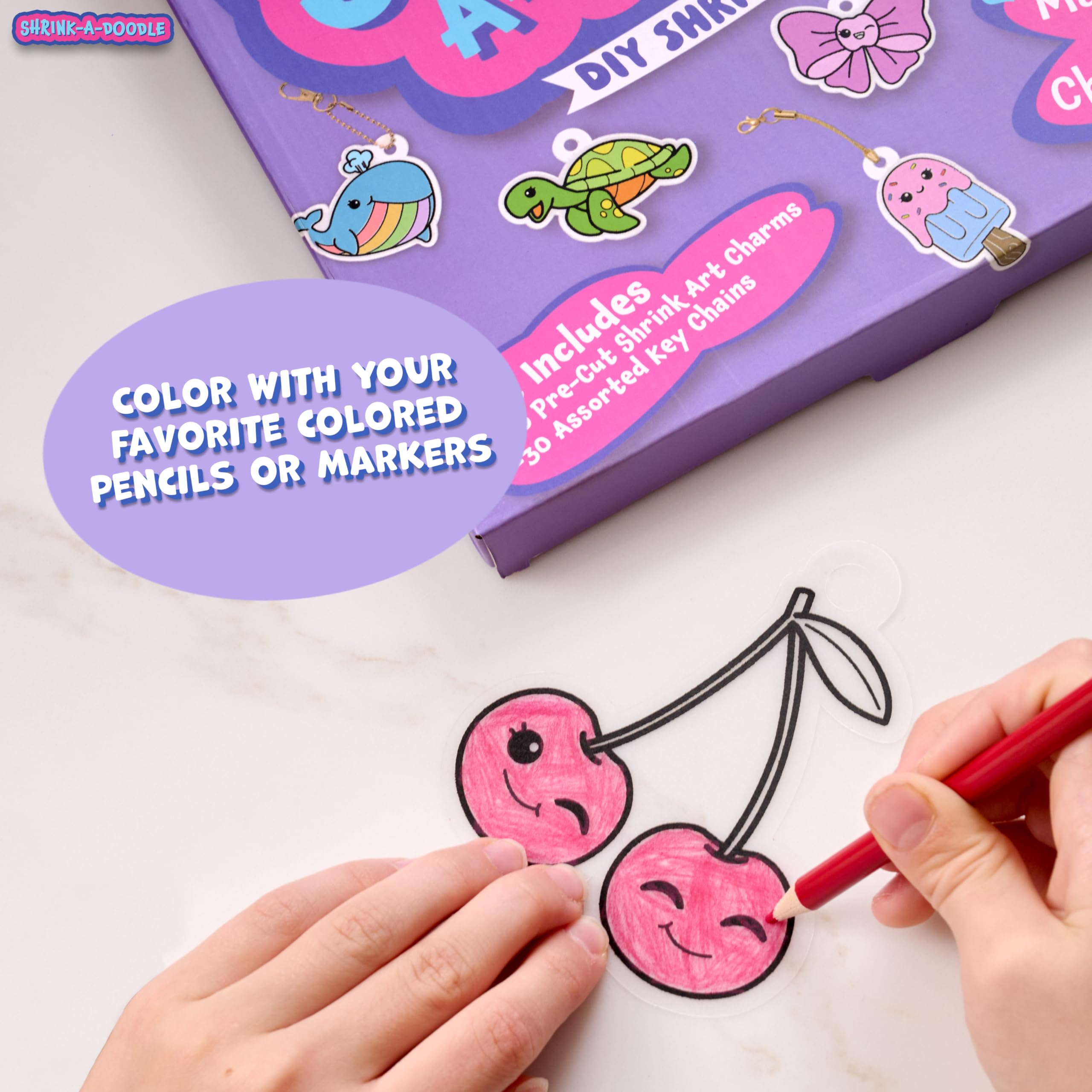 Going Creative Shrink-A-Doodle Kit diy keychains in progress for backpacks.