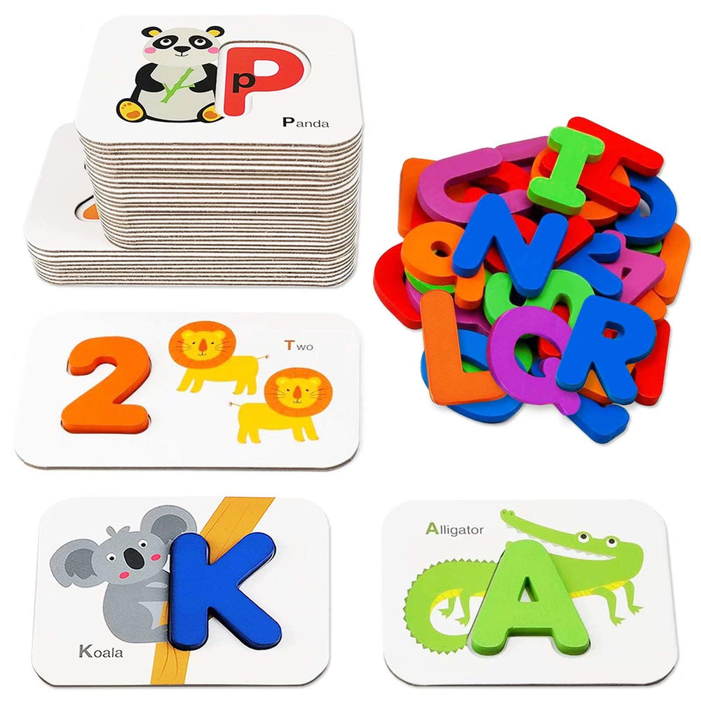 Gojmzo alphabet flash cards with wooden letters for tactile early literacy learning