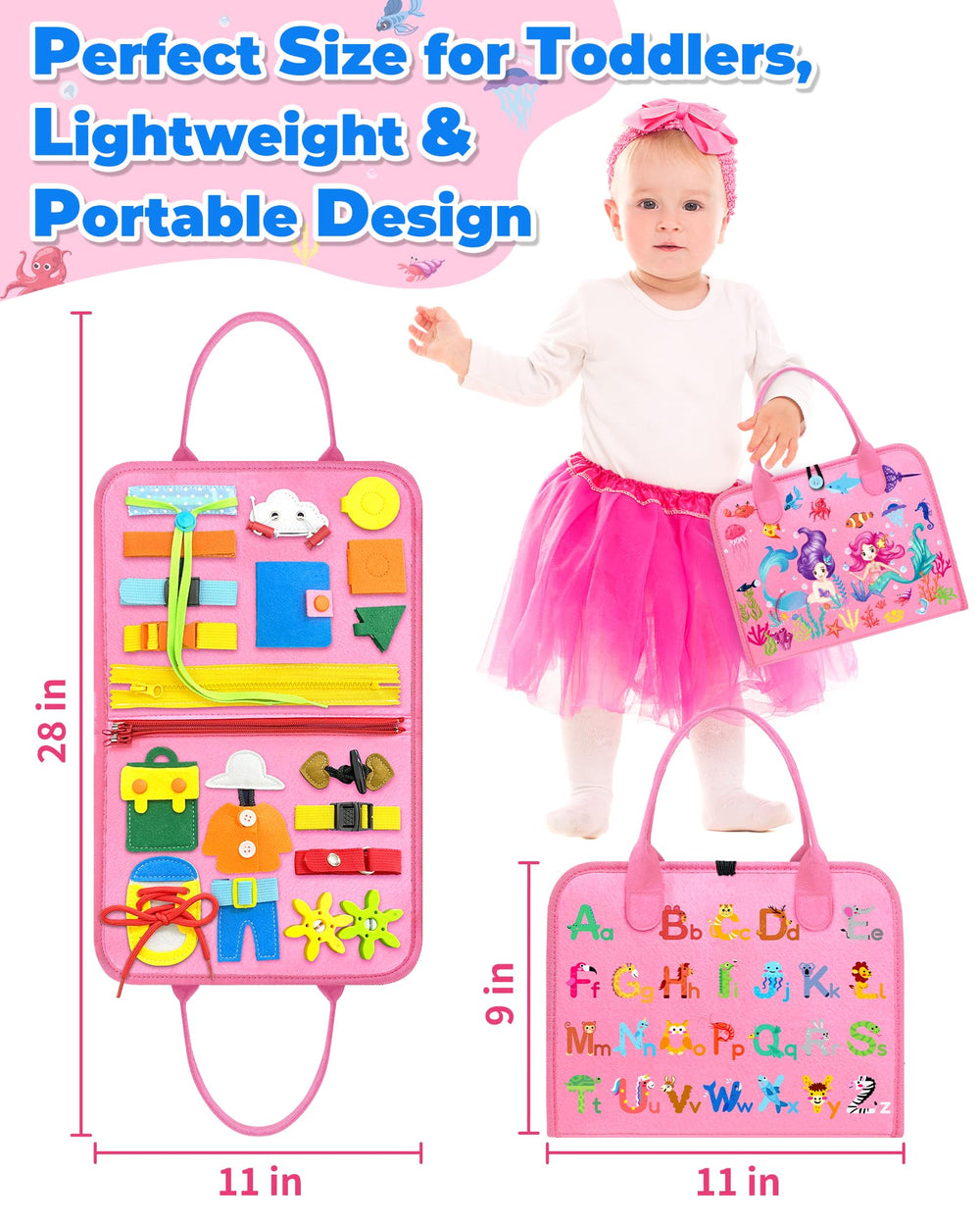 Gojmzo Busy Board travel-friendly design makes quiet play during trips.