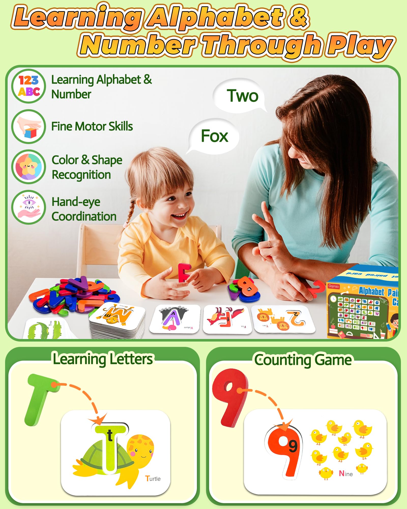 Gojmzo number flash cards with wooden tiles promoting basic counting skills