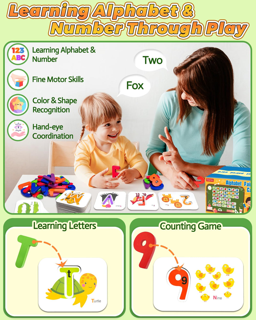 Gojmzo number flash cards with wooden tiles promoting basic counting skills