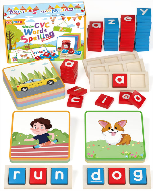Gojmzo wooden CVC word flash cards for phonics practice and early reading.