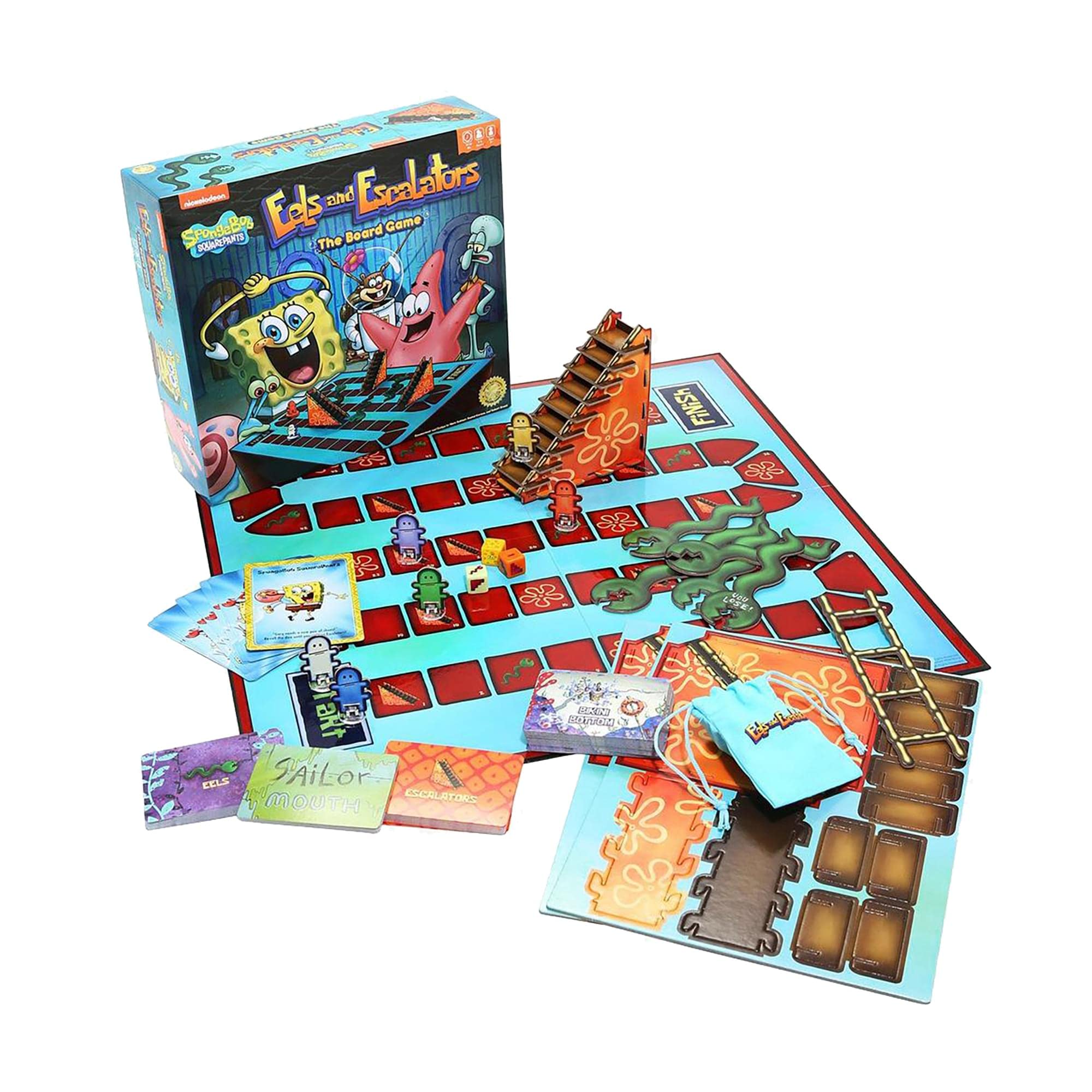 Golden Bell Studios SpongeBob Eels and Escalators components with dice and cards for quick setup fun.