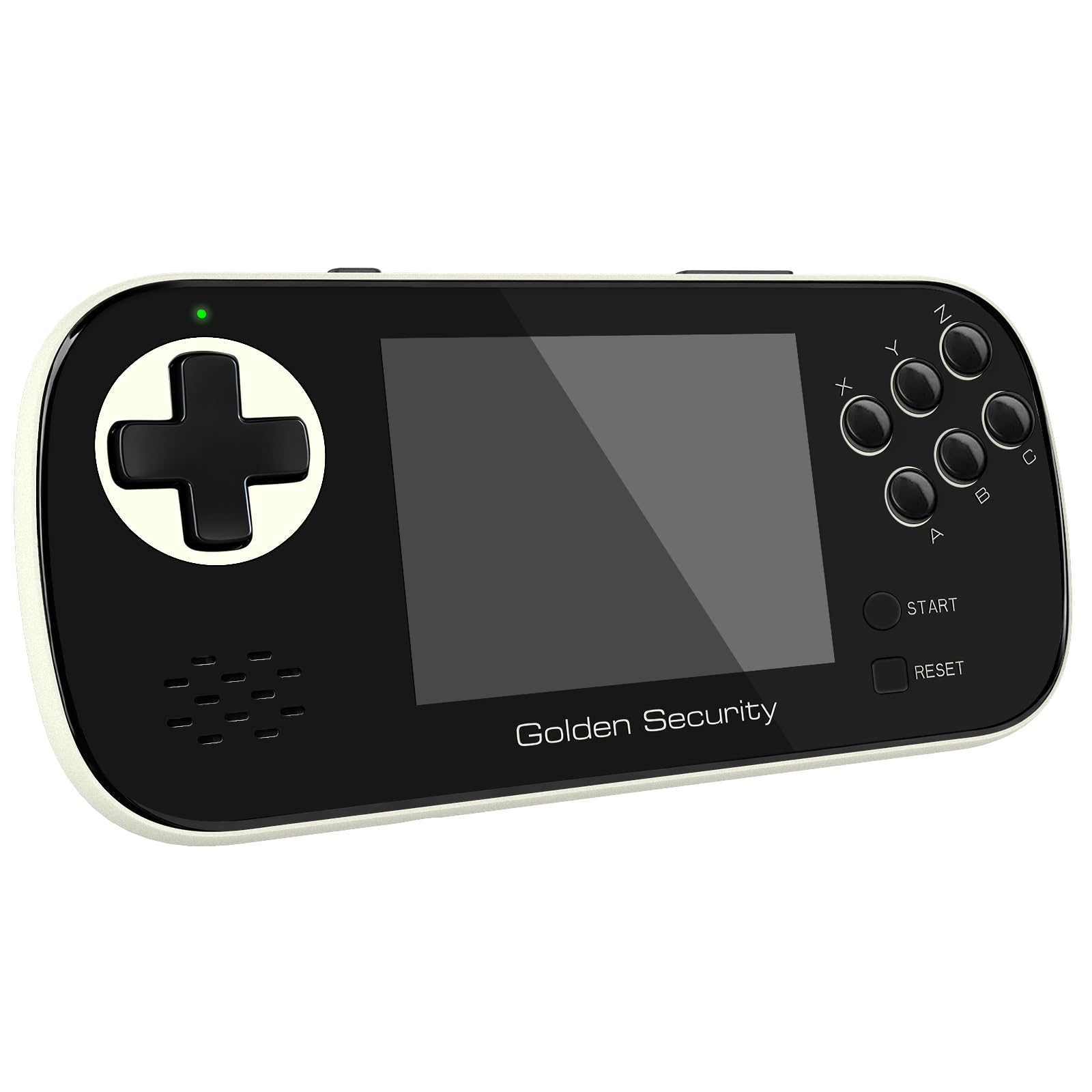 Golden Security handheld gaming console front view highlighting ergonomic kid-friendly design.