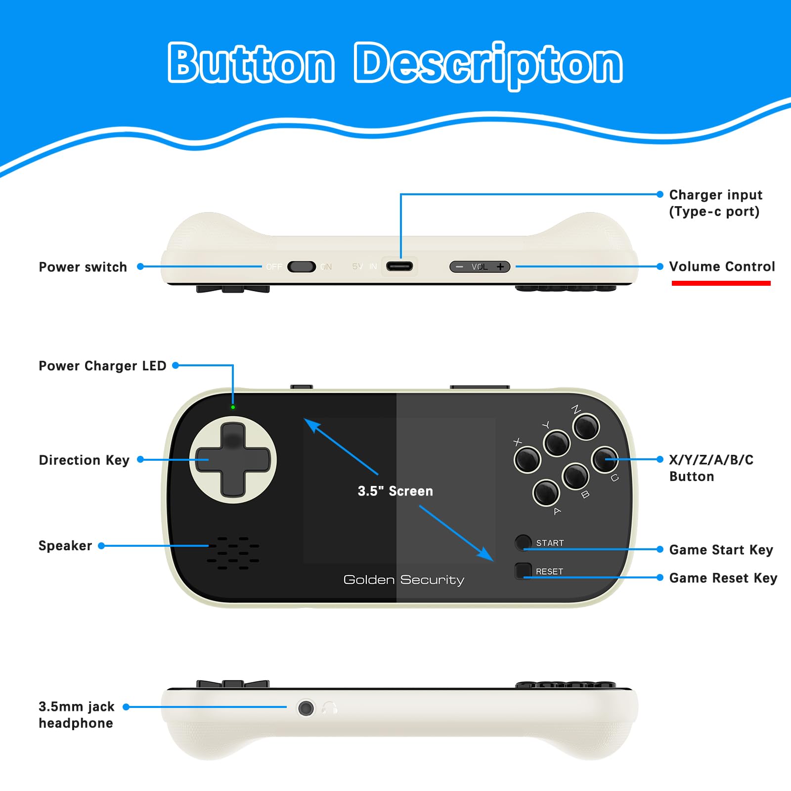 Golden Security handheld console screen closeup with vibrant display for immersive play.