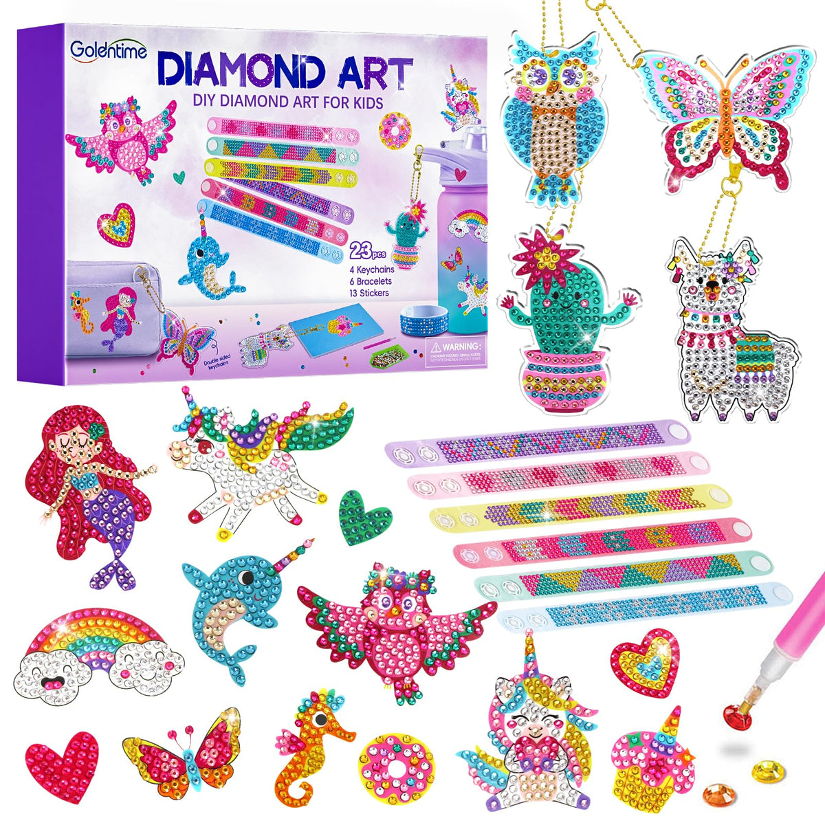 Goldentime Diamond Art Kit bracelets showing vibrant, self‑adhesive designs for kids to wear or share