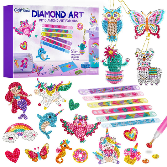 Goldentime Diamond Art Kit bracelets showing vibrant, self‑adhesive designs for kids to wear or share