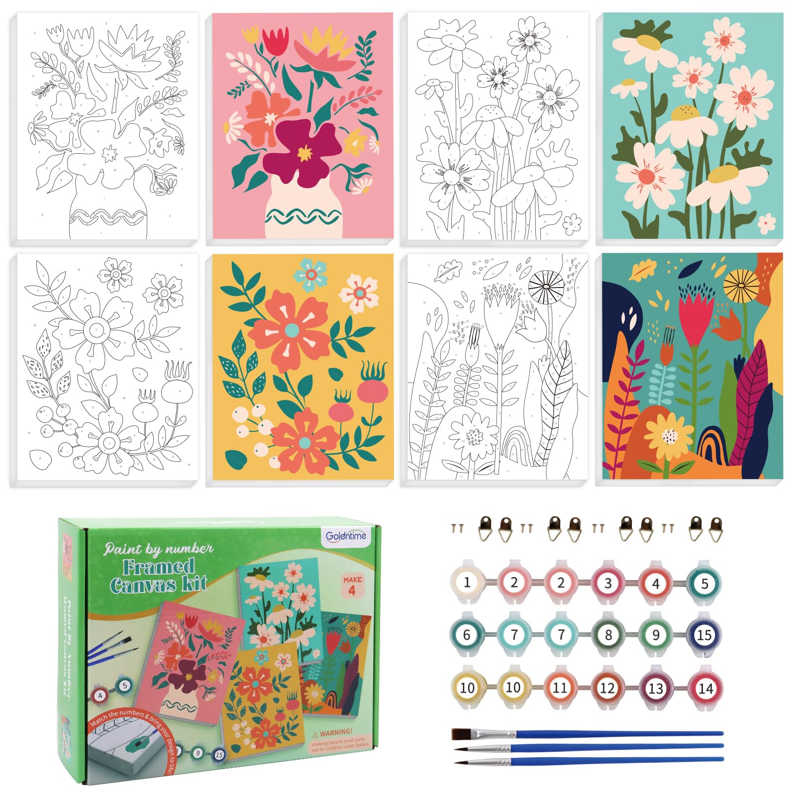 Goldentime framed paint by numbers kit with pre-printed canvas for quick art creation.
