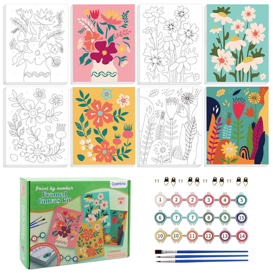 Goldentime framed paint by numbers kit with pre-printed canvas for quick art creation.
