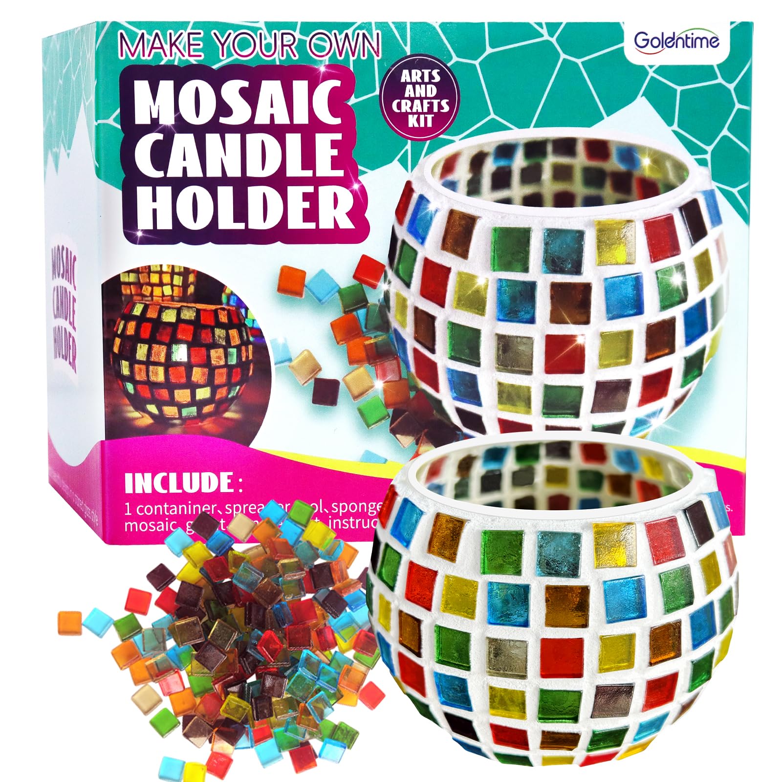 Goldentime glass mosaic candle holder kit contents for a hands-on home craft.