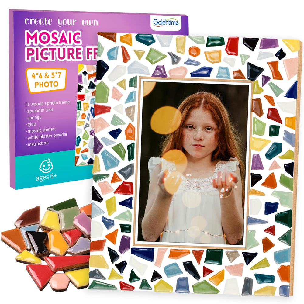 Goldentime mosaic frame kit close-up of colorful tiles for creative home decor