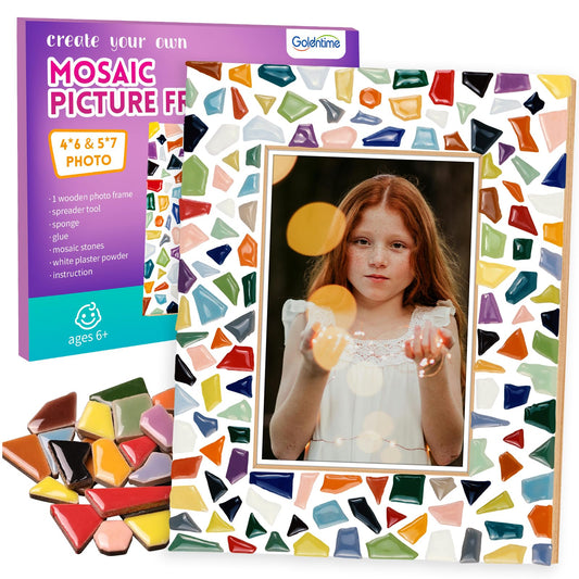 Goldentime mosaic frame kit close-up of colorful tiles for creative home decor