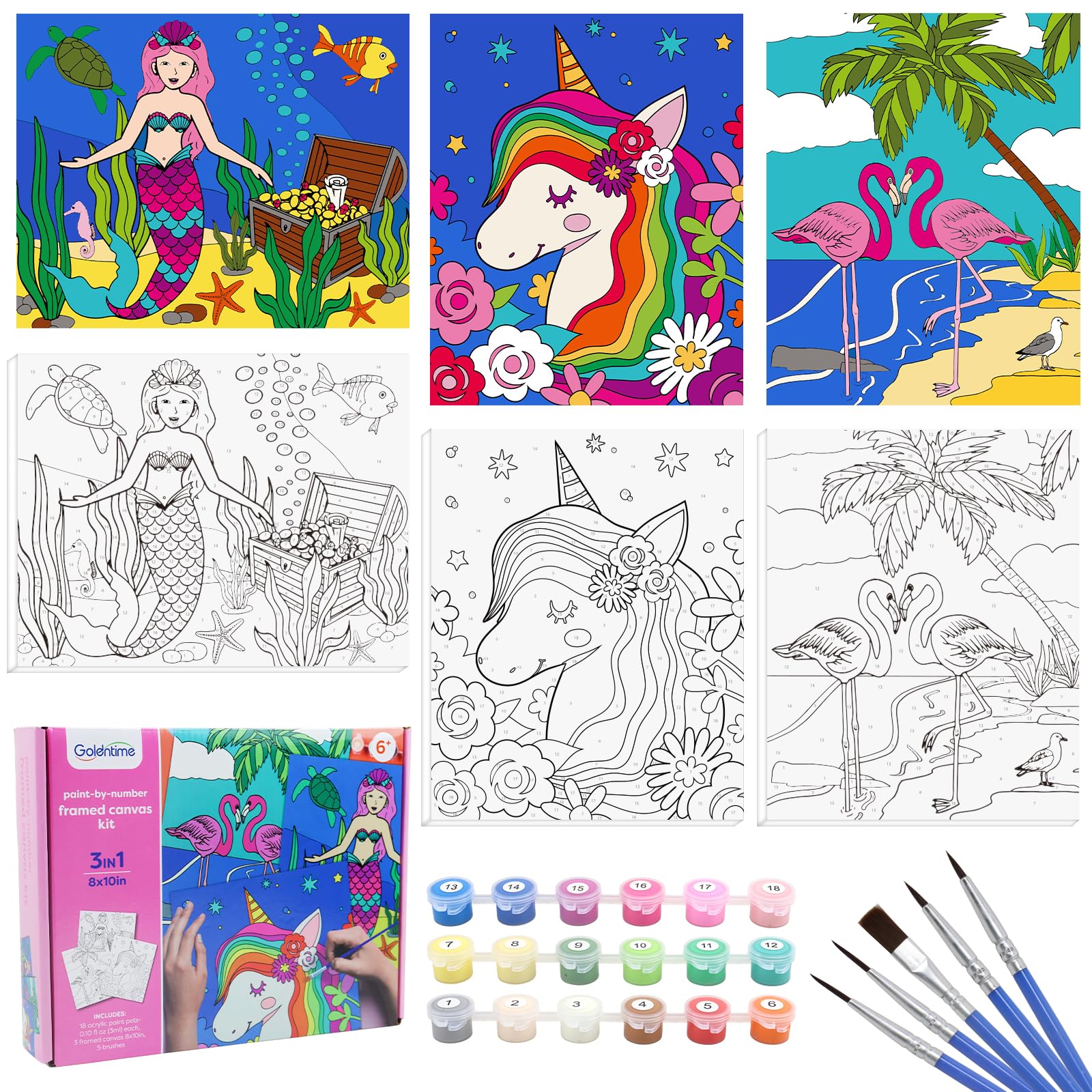 Goldentime unicorn canvas paint by numbers 8x10, framed-ready for relaxing creativity.