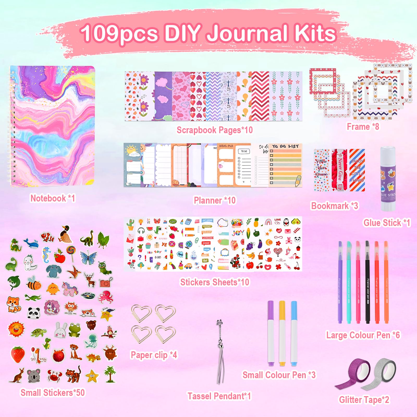 Goldge 109-piece scrapbook sticker sheets close-up highlights decorative options for planners.