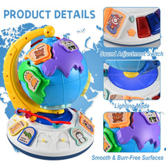 Goldge globe continents puzzle with audio cues and map