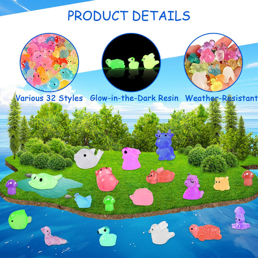 Goldge glow in the dark animal figures decorate terrariums at night