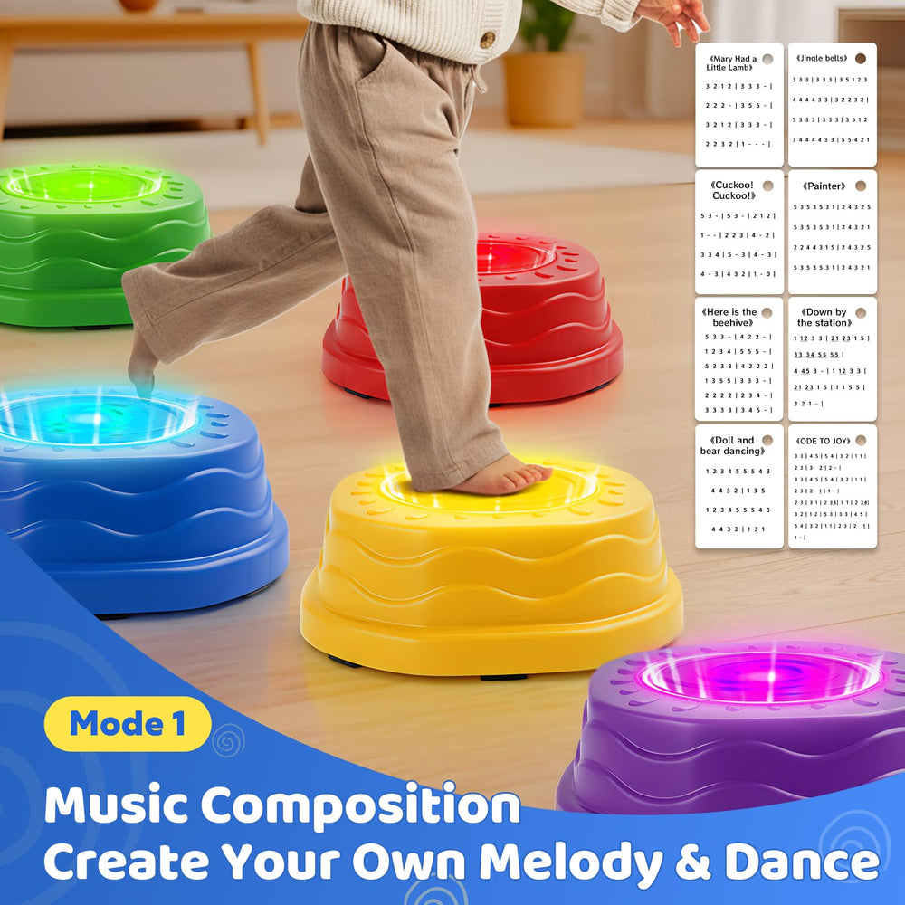 Goldium stepping stones show child stepping with musical notes for rhythm and play