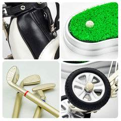 Mini golf bag stand displays a compact desk scene