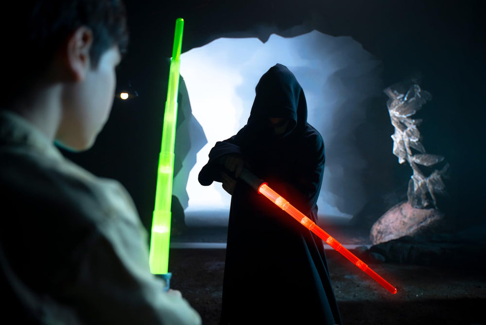 Goliath Power Saber motion-sfx lights up with reactive sounds during pretend duels.