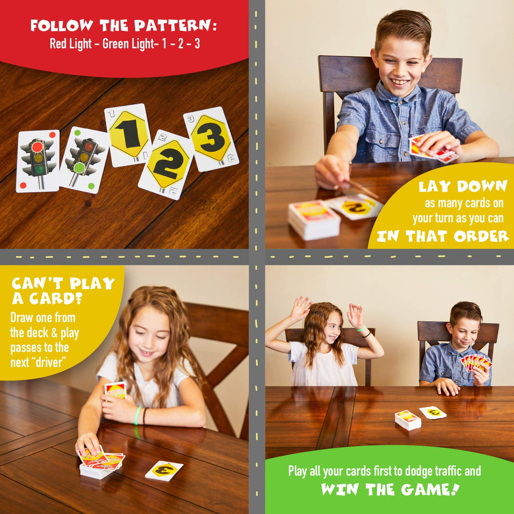 Goliath Red Light Green Light 1-2-3 players around table enjoy game.
