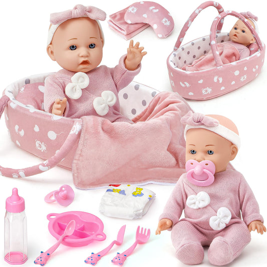 Golray 12-inch soft baby doll shown with bassinet for cozy naptime pretend play.