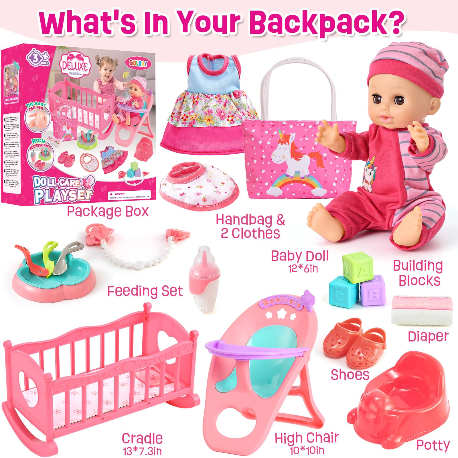 Golray 12in doll with feeding accessories for interactive role-play.