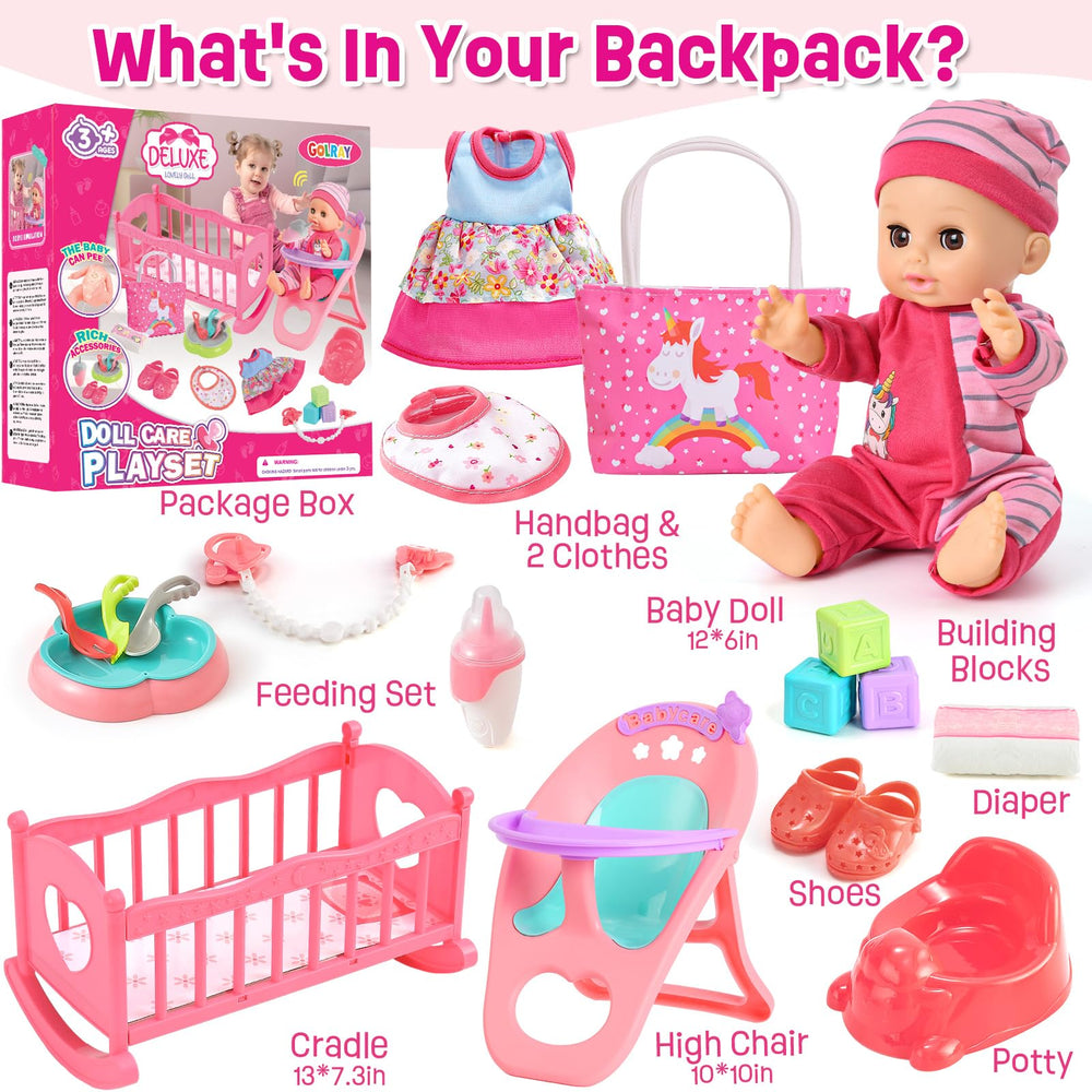 Golray 12in doll with feeding accessories for interactive role-play.