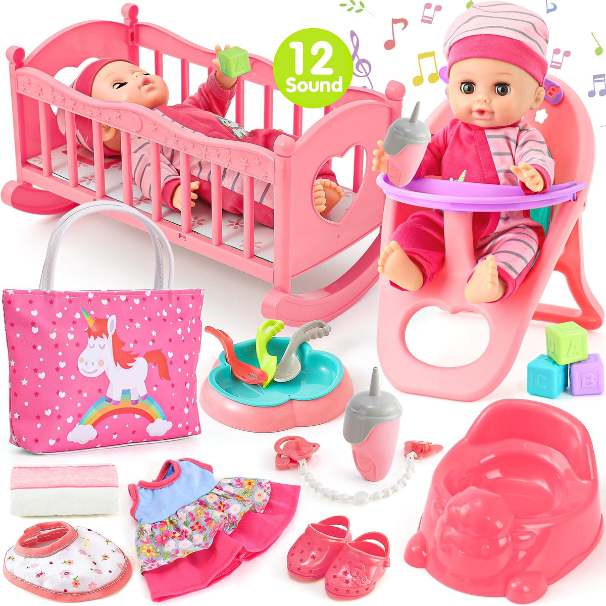 Golray 12in girl doll in cradle for nurturing playtime.