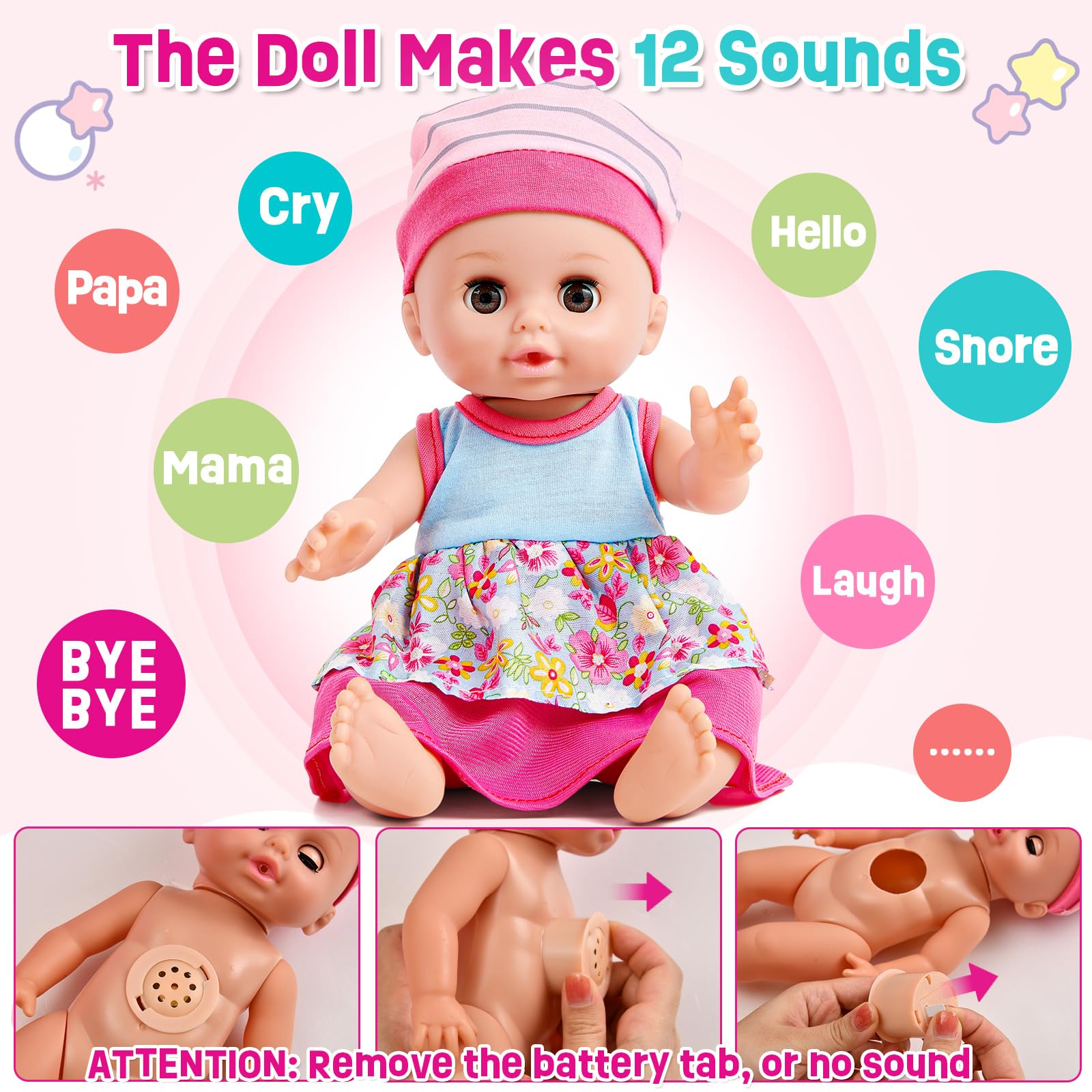 Golray 12in girl doll in high chair for mealtime pretend play.