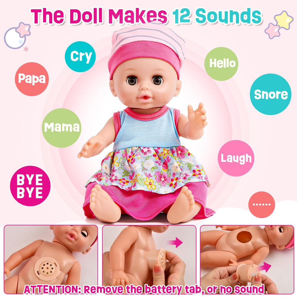 Golray 12in girl doll in high chair for mealtime pretend play.