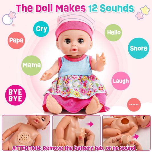 Golray 12in girl doll in high chair for mealtime pretend play.