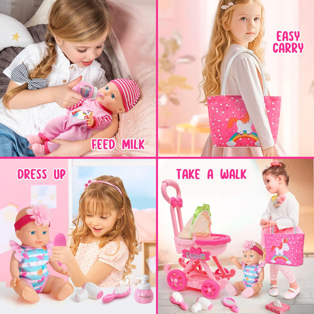 Golray front-dining surface lets kids feed the doll during playtime