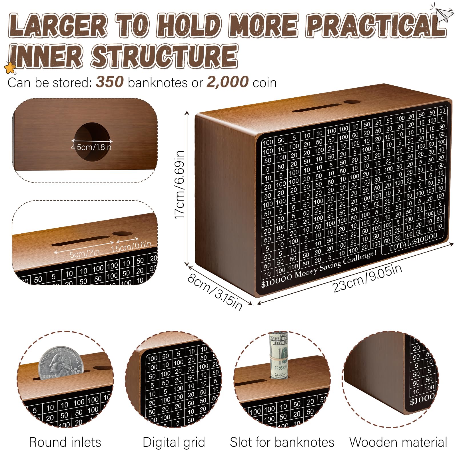 Gomyrod wooden money-saving box front view with counter to track progress.