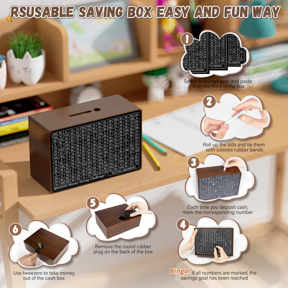 Gomyrod wooden money-saving box sticker print for savings milestones.