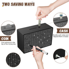 Gomyrod wooden savings box dimensions measure 9.05 by 6.7 by 3.15 inches.