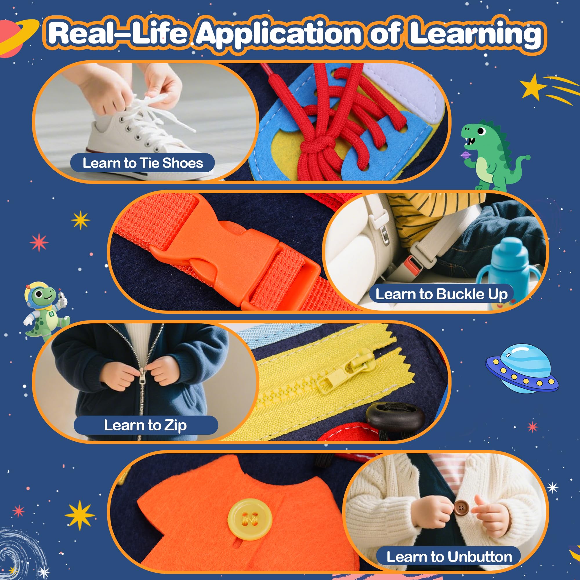 GONINO Montessori-inspired busy board helps toddlers practice dressing and matching skills with durable stitching.