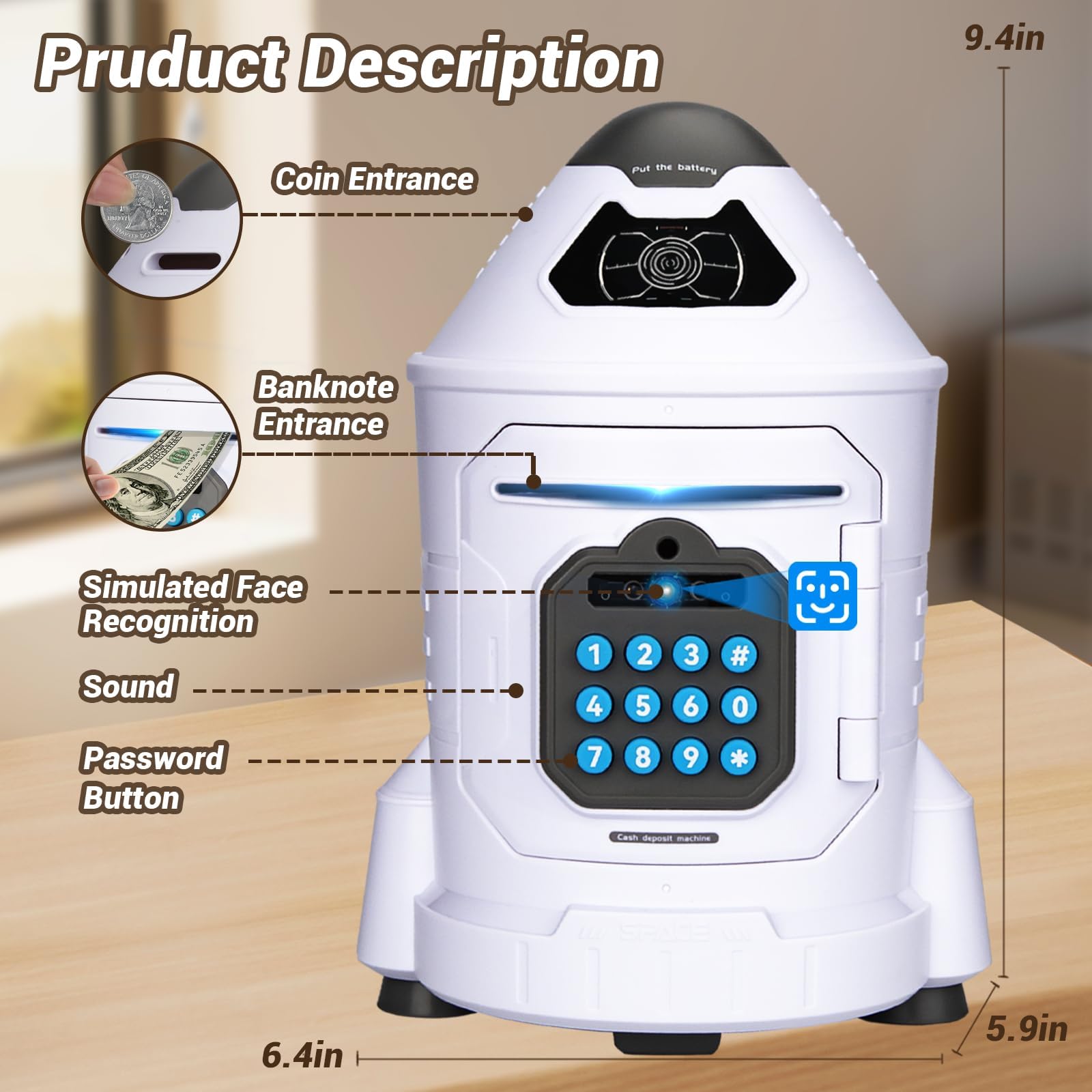 GONINO piggy bank with face ID button simulates secure saving.