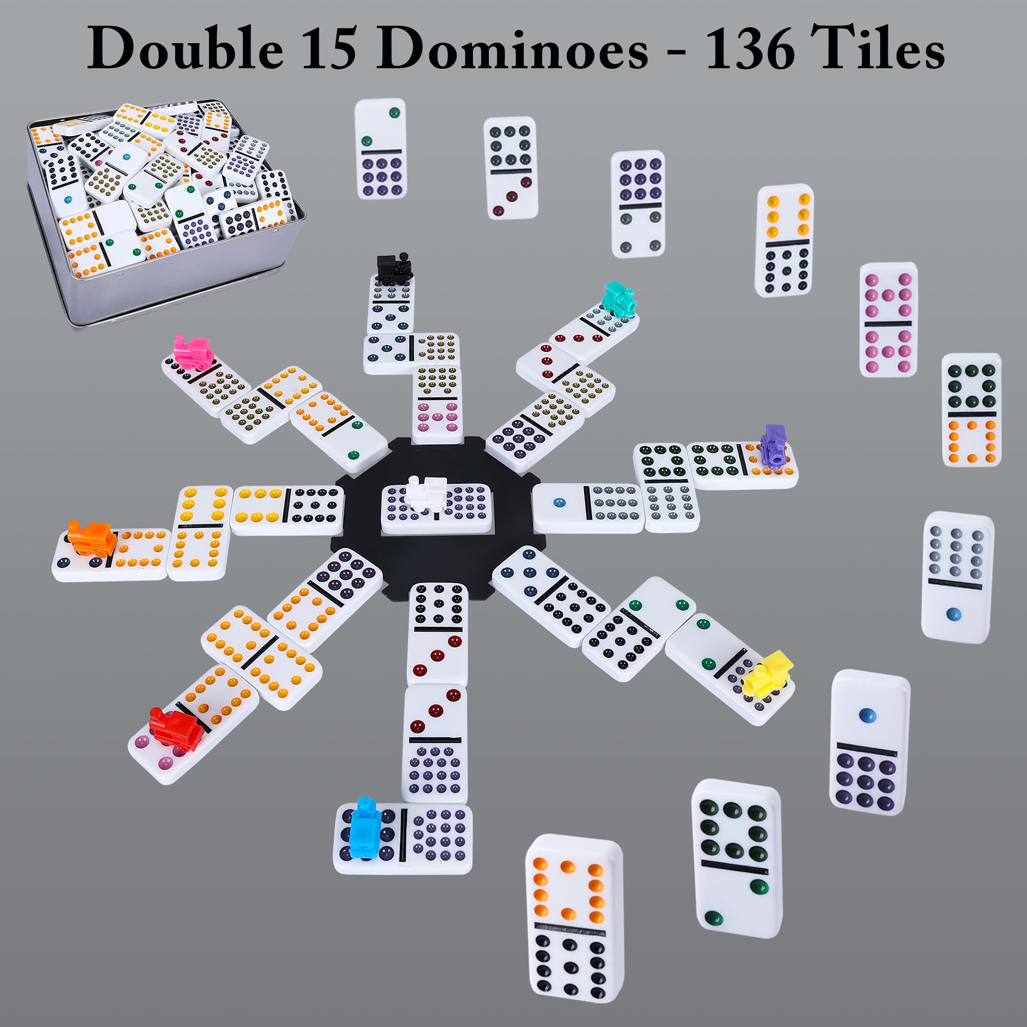 Gonoelec Mexican Train Dominoes Set hub and nine trains enable smooth gameplay.