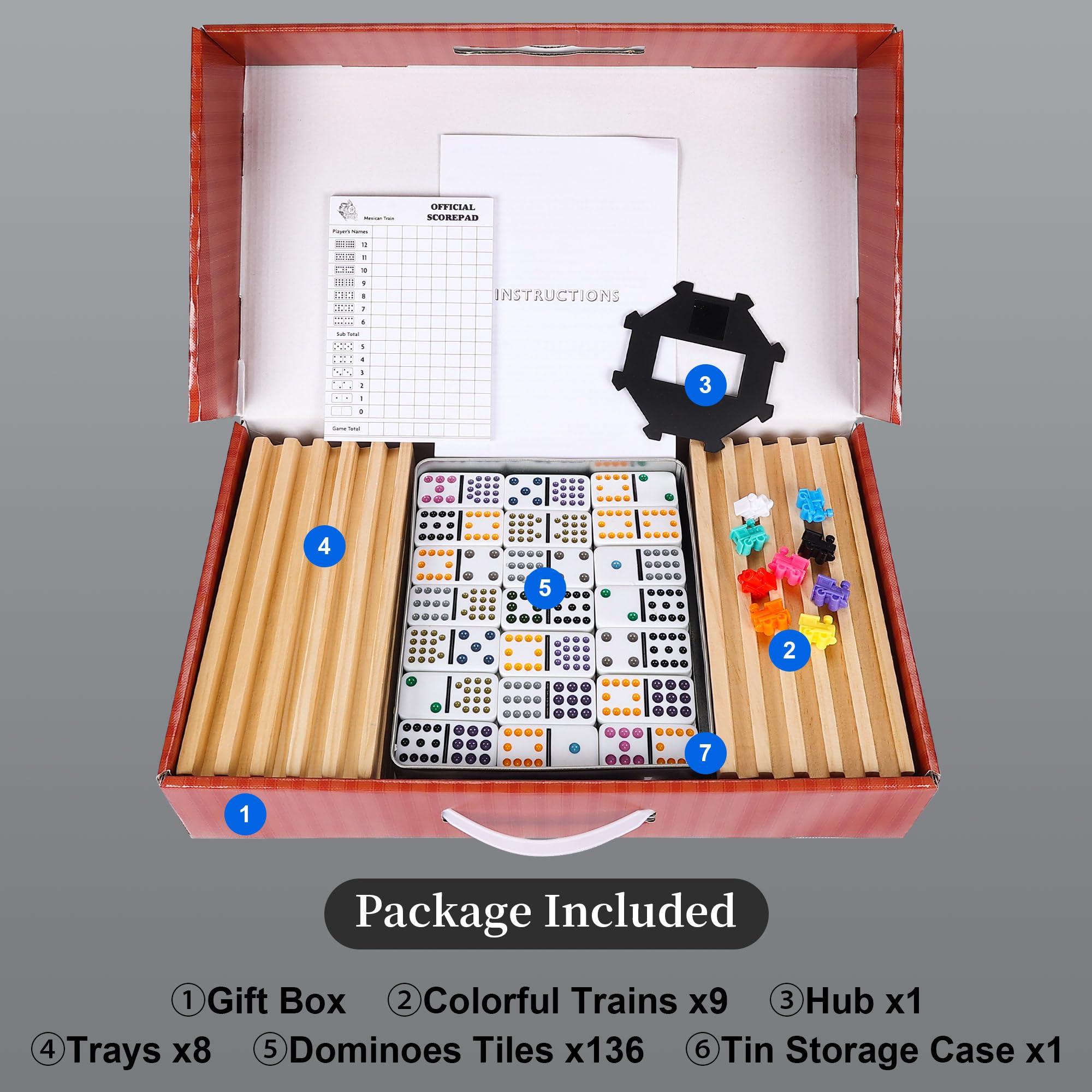 Gonoelec Mexican Train Dominoes Set score pads and instruction aid quick learning.