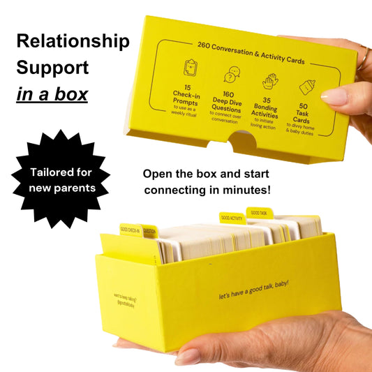 Good Talk Baby check-in prompts card encourages weekly conversations for connection.