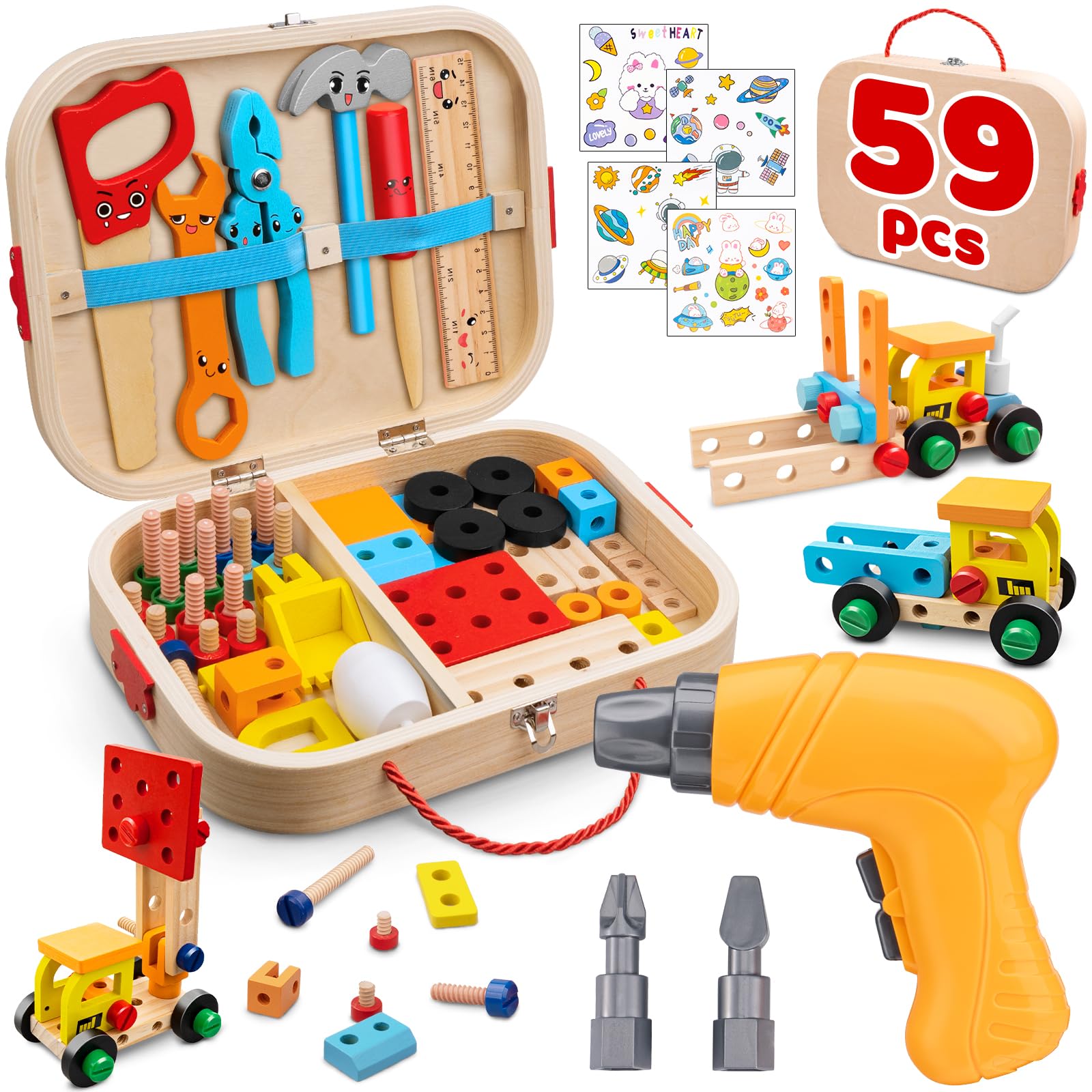 Goodfuns Kids Tool Set wooden box with drill for safe pretend play