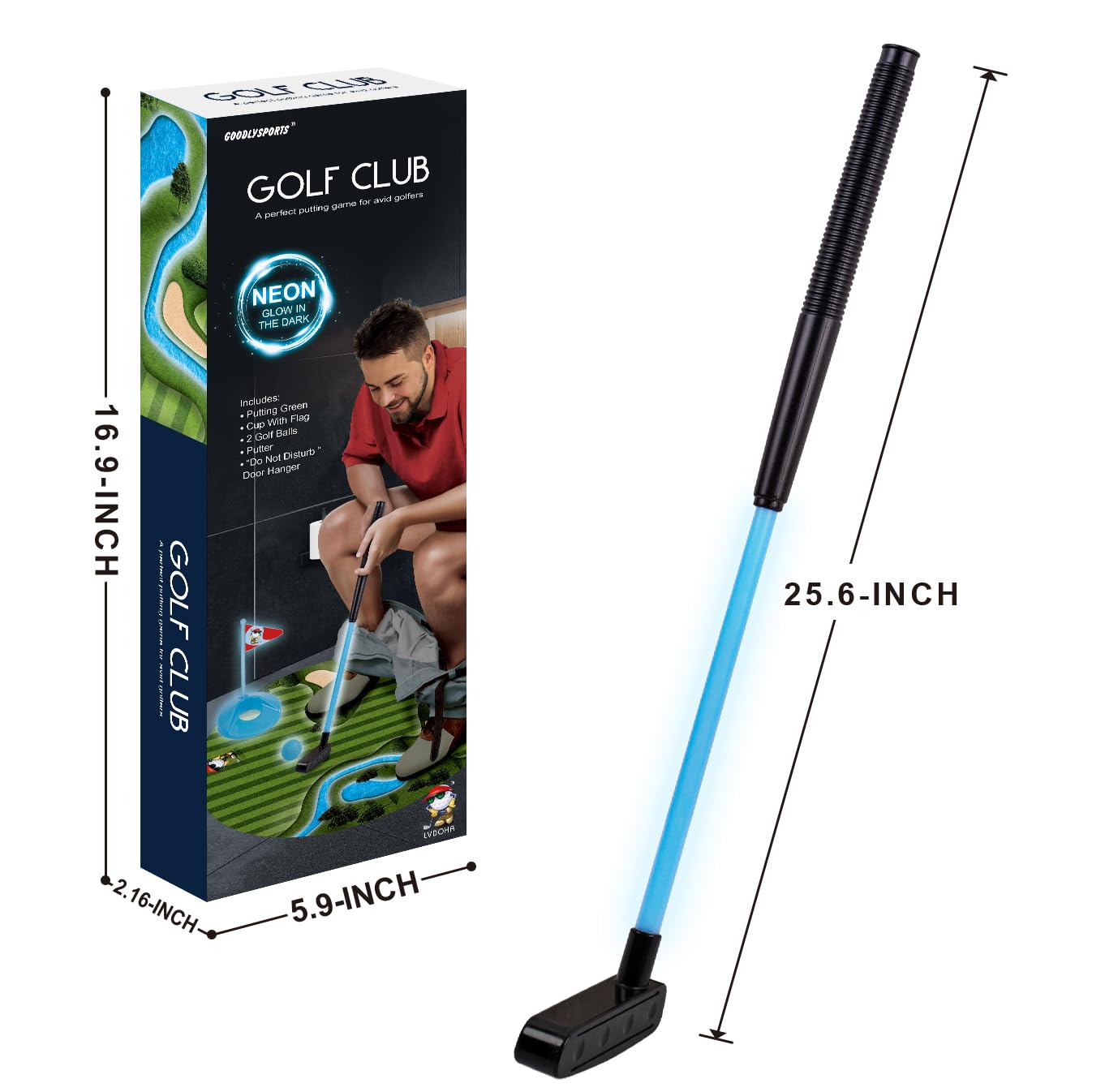 GOODLYSPORTS Fun night activity showing glow-in-the-dark golf on the toilet.