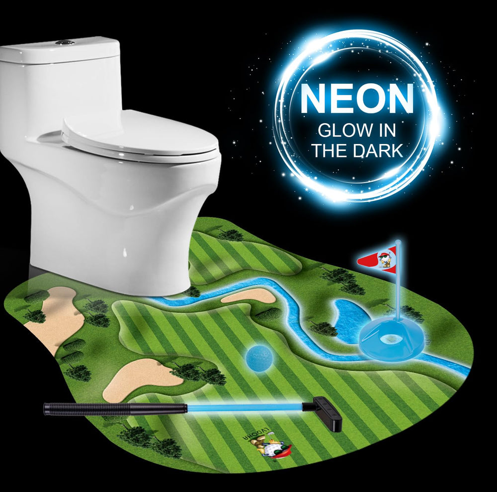 GOODLYSPORTS Toilet Golf at night glow highlights quick setup and practice.