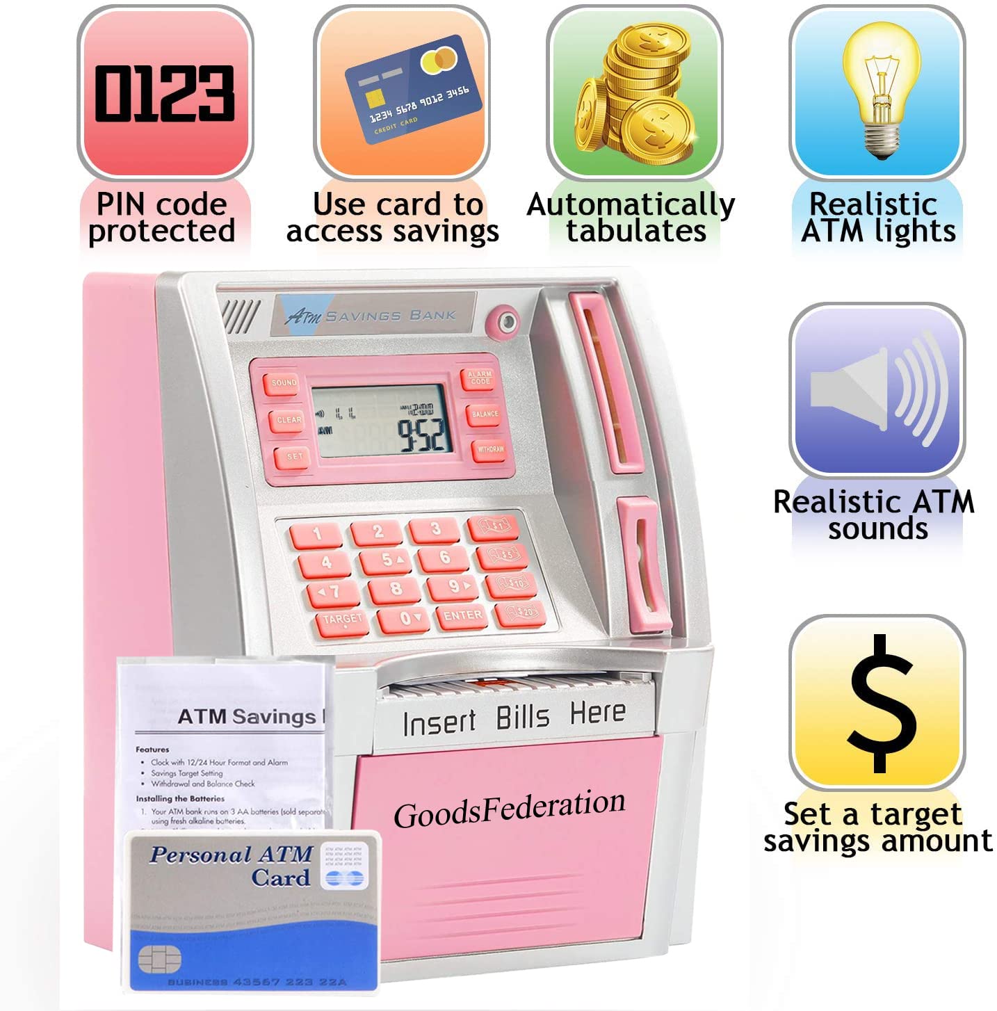 GoodsFederation ATM balance display showing real-time savings progress.
