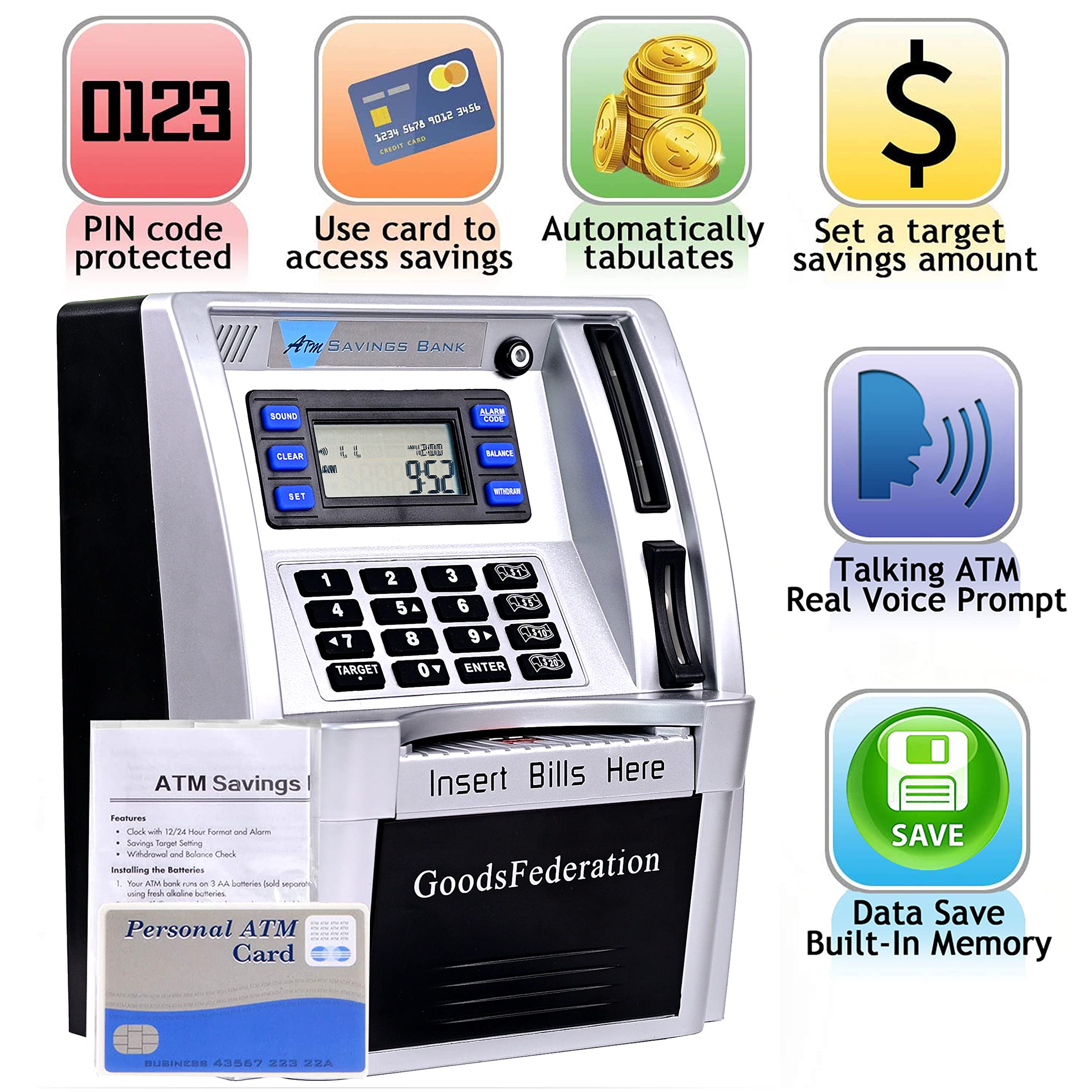 GoodsFederation Talking ATM Piggy Bank card-slot illustrating security access