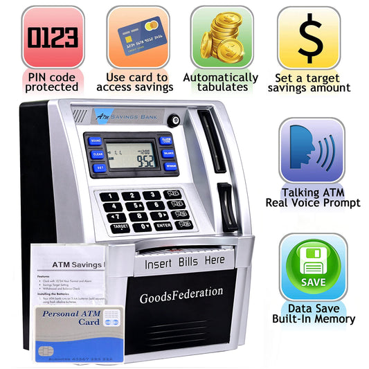 GoodsFederation Talking ATM Piggy Bank card-slot illustrating security access