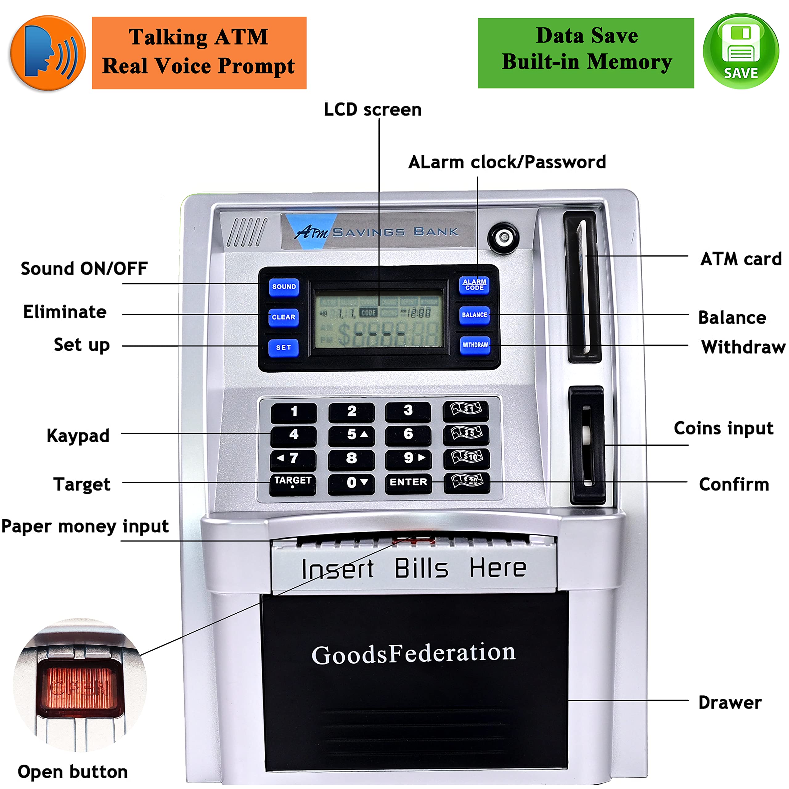 GoodsFederation Talking ATM Piggy Bank deposits coins and updates balance