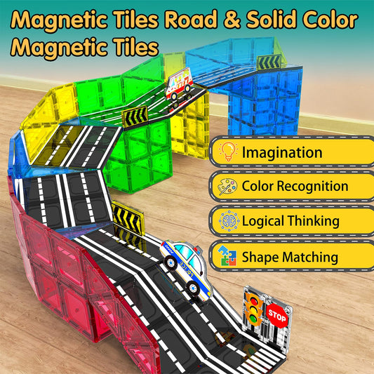 Goodtiles magnetic tiles road patterns—hands-on design prompts spatial awareness.