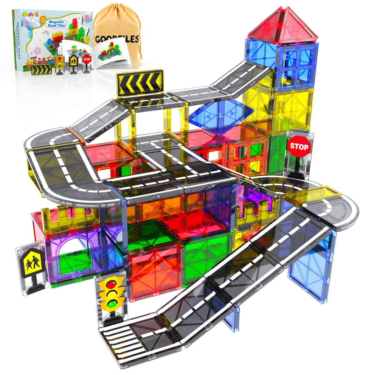 Goodtiles magnetic tiles road set front view shows road grid for imaginative play